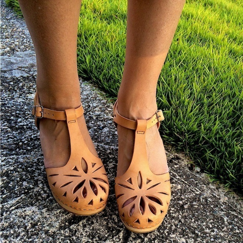 RARE Swedish Hasbeens Lacy Sandal Low Natural 39 Brown Leather